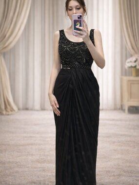 Elegant Black Ready-Made Saree with Embellished Blouse – Large Size (L